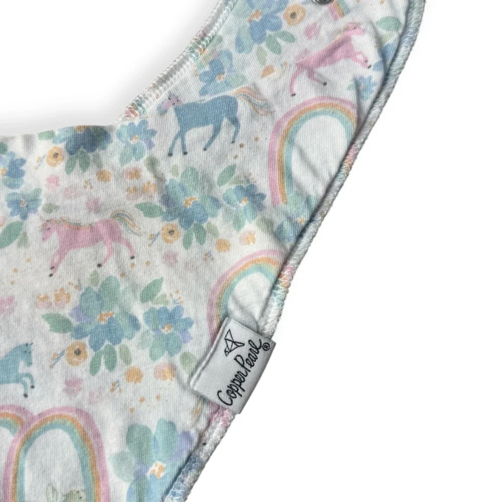Copper Pearl Baby Bandana Bibs 2 Pack Unicorn Rainbow Floral Grey White Snaps
